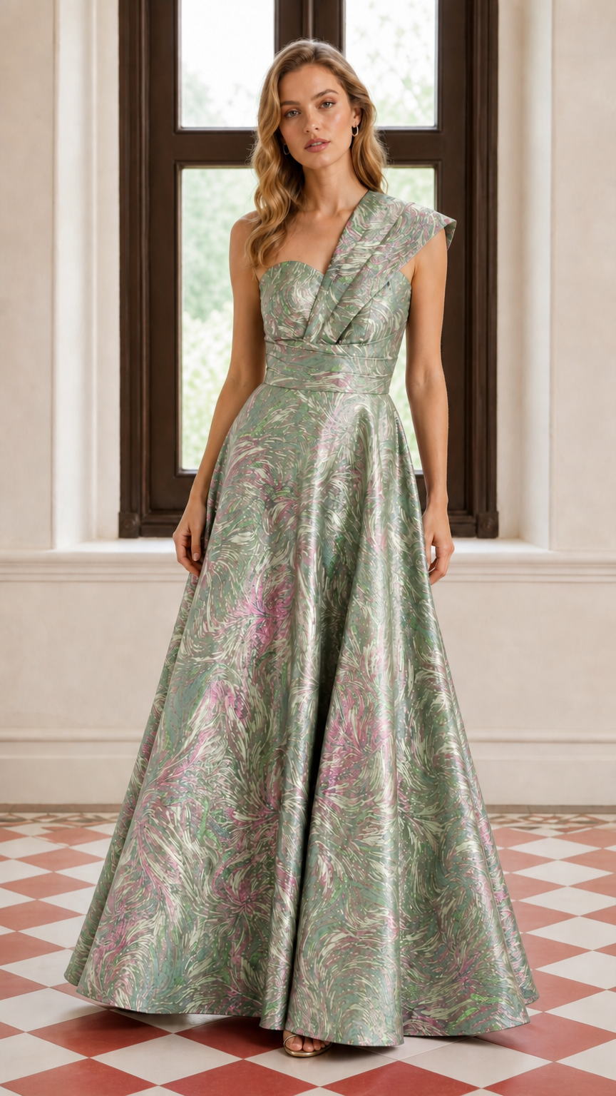 One-Shoulder Pleated Metallic A-Line Maxi Evening Gown in Sage Green