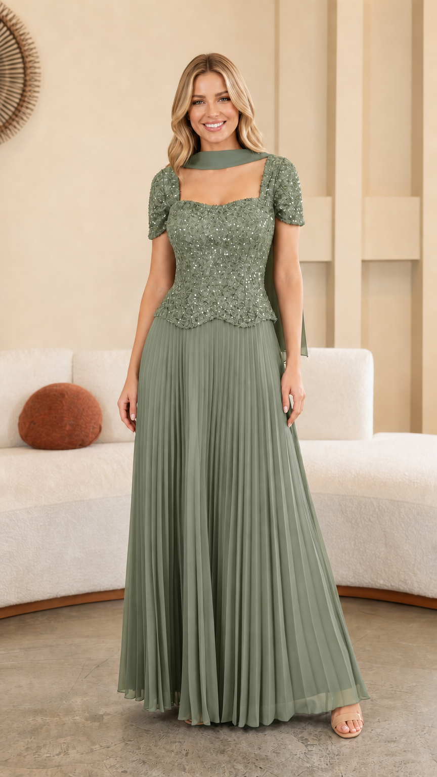 Model wearing Sage Green sequined bodice pleated maxi formal gown