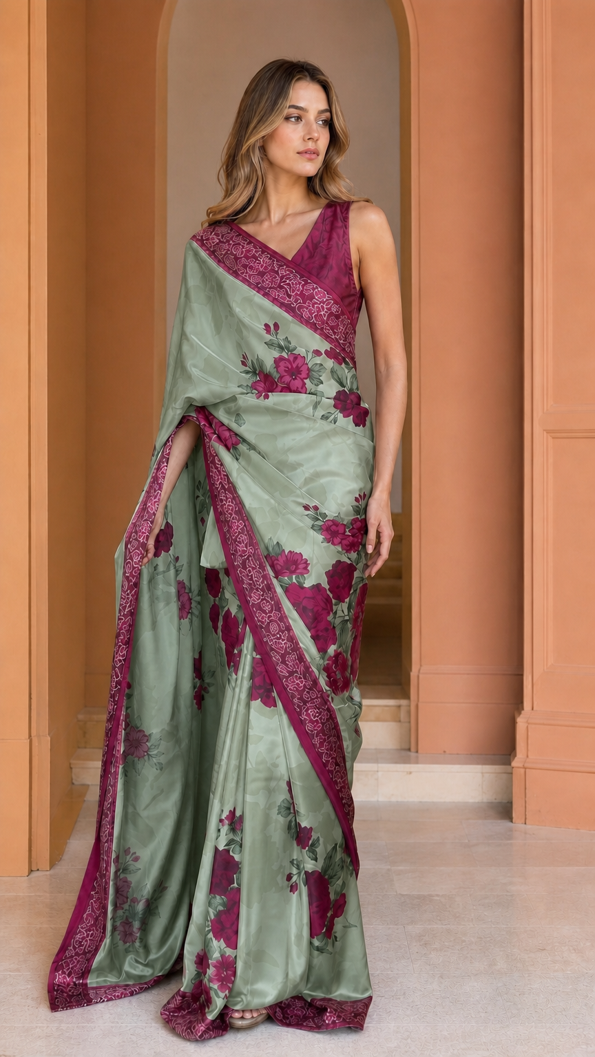 Sage green floral satin saree with berry embroidered border