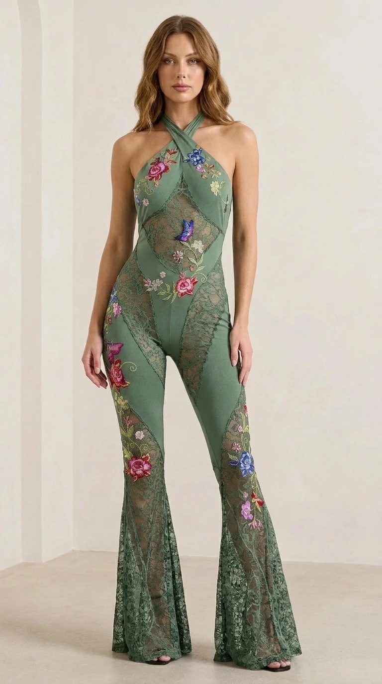 Sage green color variant of the floral embroidered lace jumpsuit