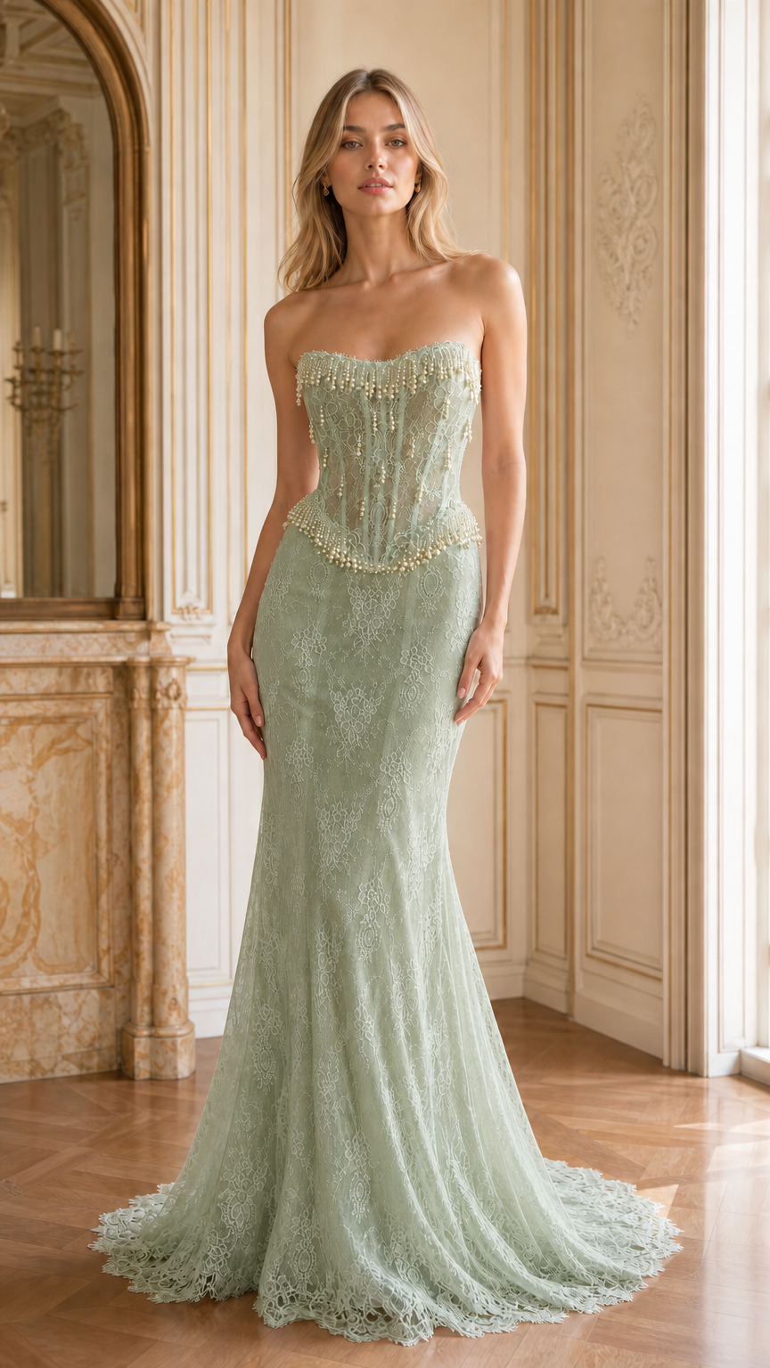 Front full-length view of sage green strapless pearl beaded corset lace mermaid gown