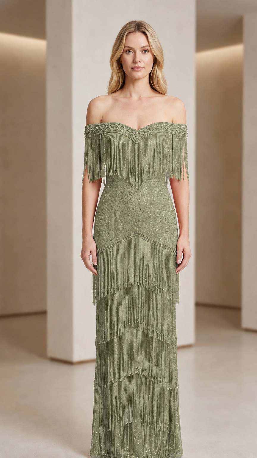 Front view of woman wearing sage green off-shoulder beaded fringe evening gown