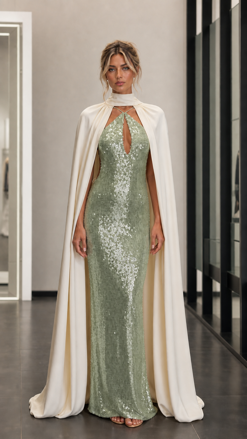 Front view of sage green sequin evening dress with cape