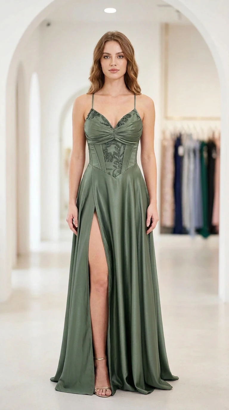 Front full-length view of sage green satin corset formal evening dress