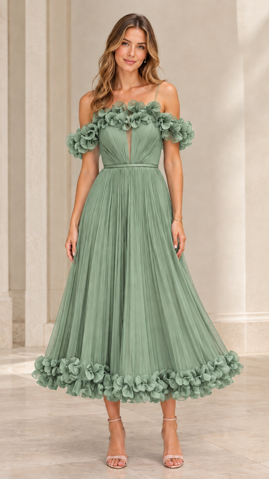 Full-length view of sage green off-the-shoulder pleated tulle formal gown