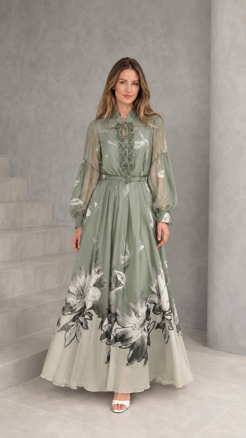 Sage green floral print chiffon maxi dress with long bishop sleeves