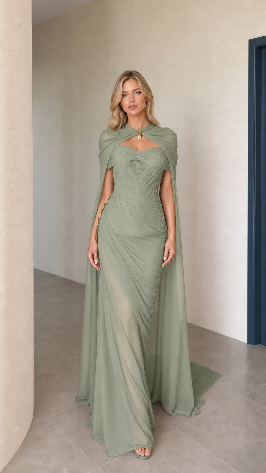 Front view of sage green cape maxi evening dress