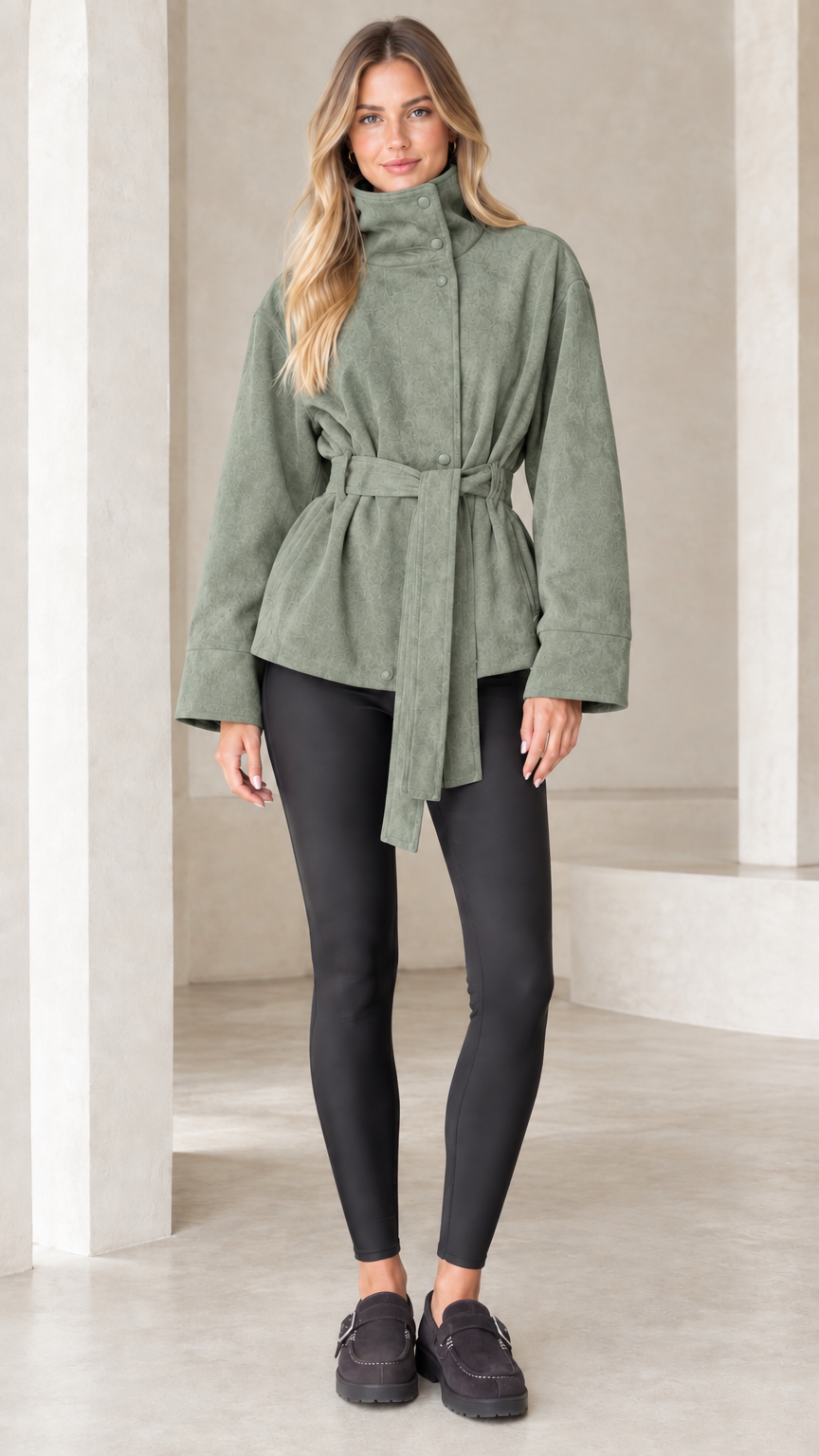 Model wearing sage green high-neck belted faux suede jacket