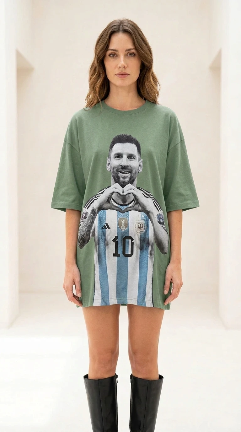Front view of green color variant of graphic t-shirt dress