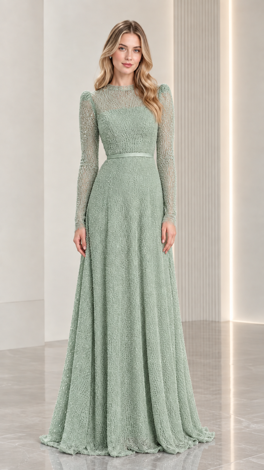 Full-length sage green textured evening gown with long sleeves