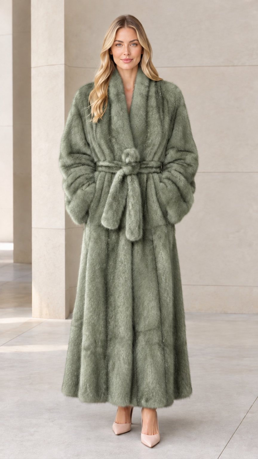Front view of woman wearing sage green full-length faux fur coat