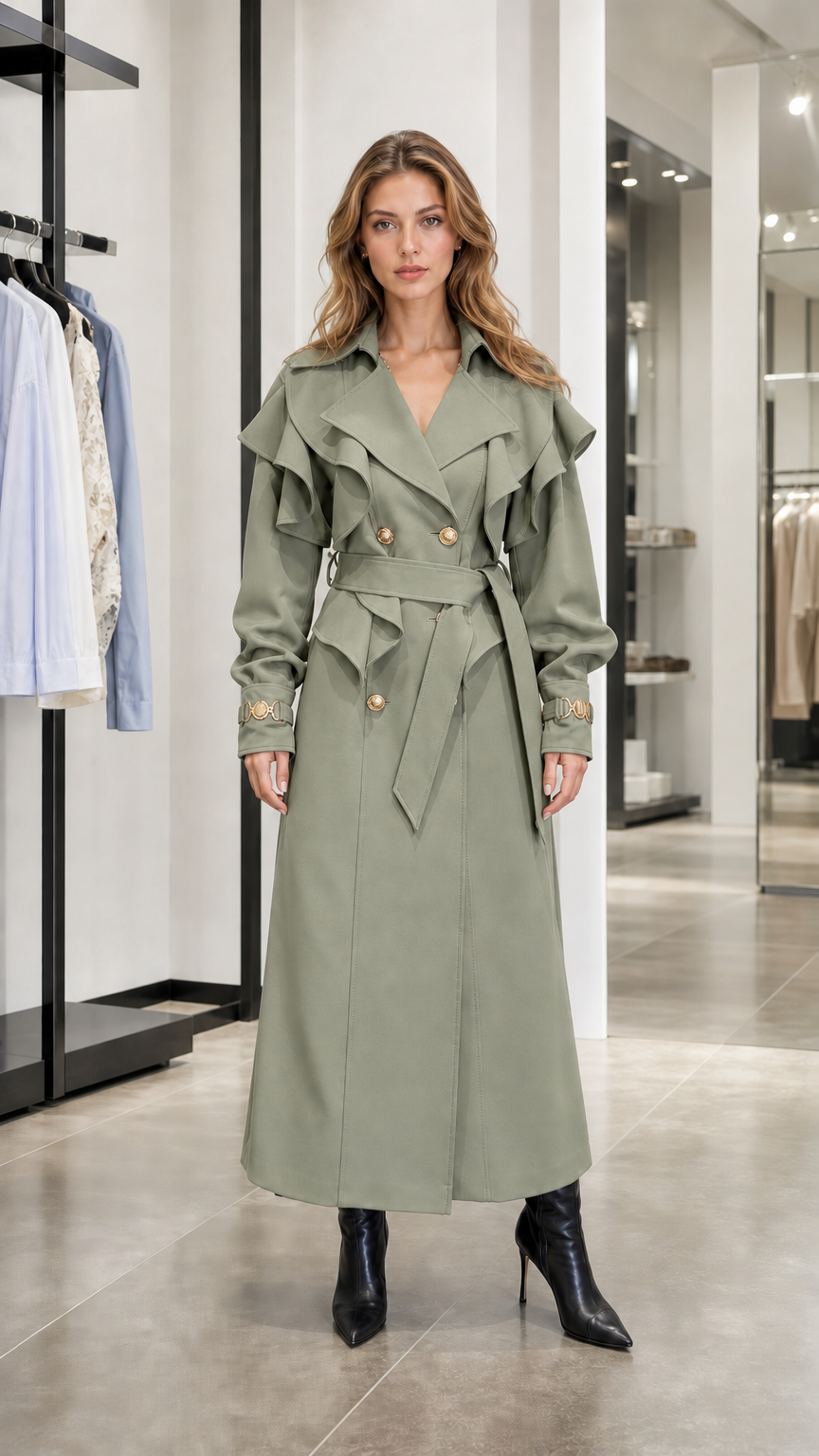 Front view of woman in sage green ruffle long trench coat