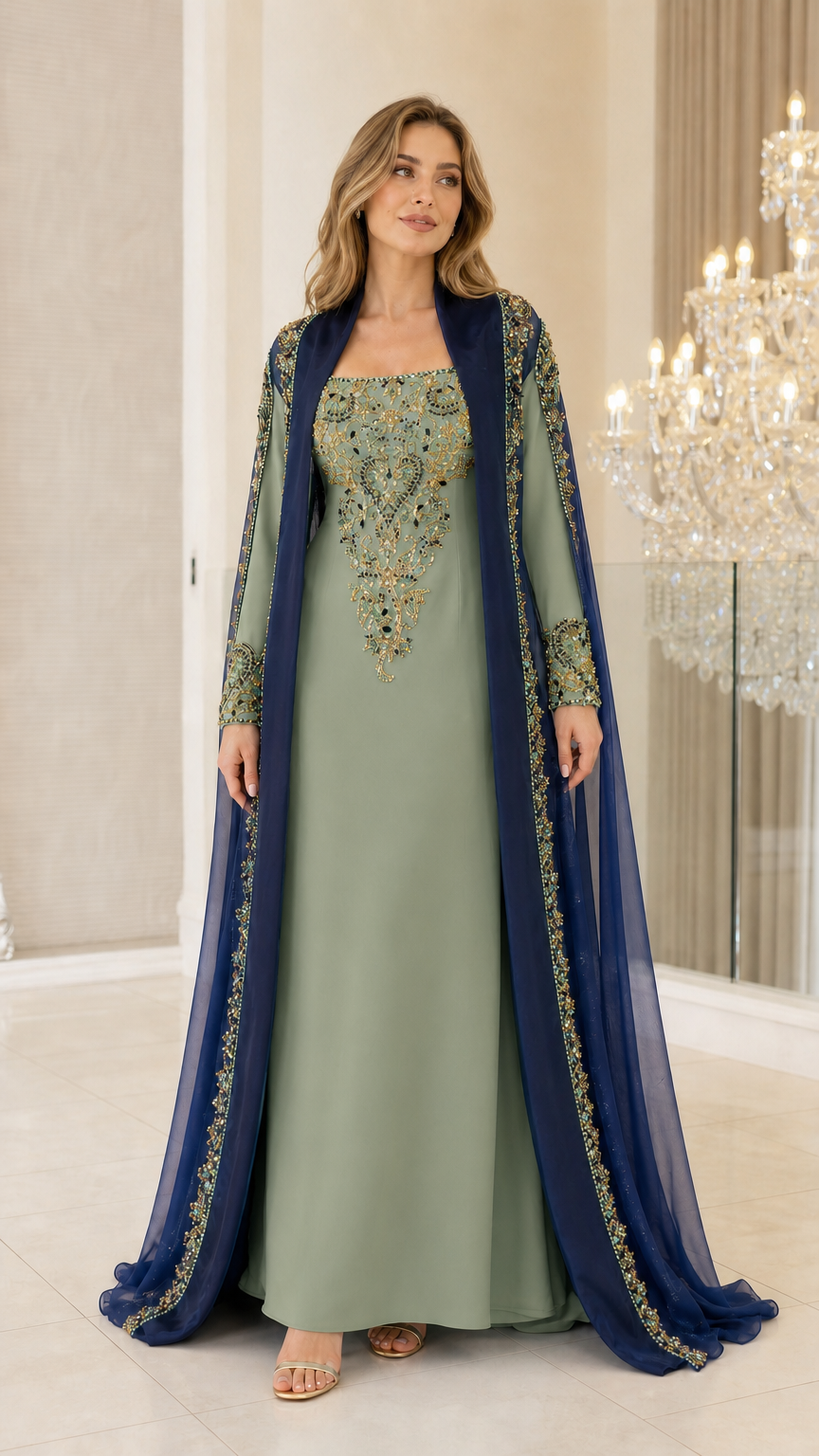 Model wearing Sage Green embroidered kaftan evening gown with contrast cape