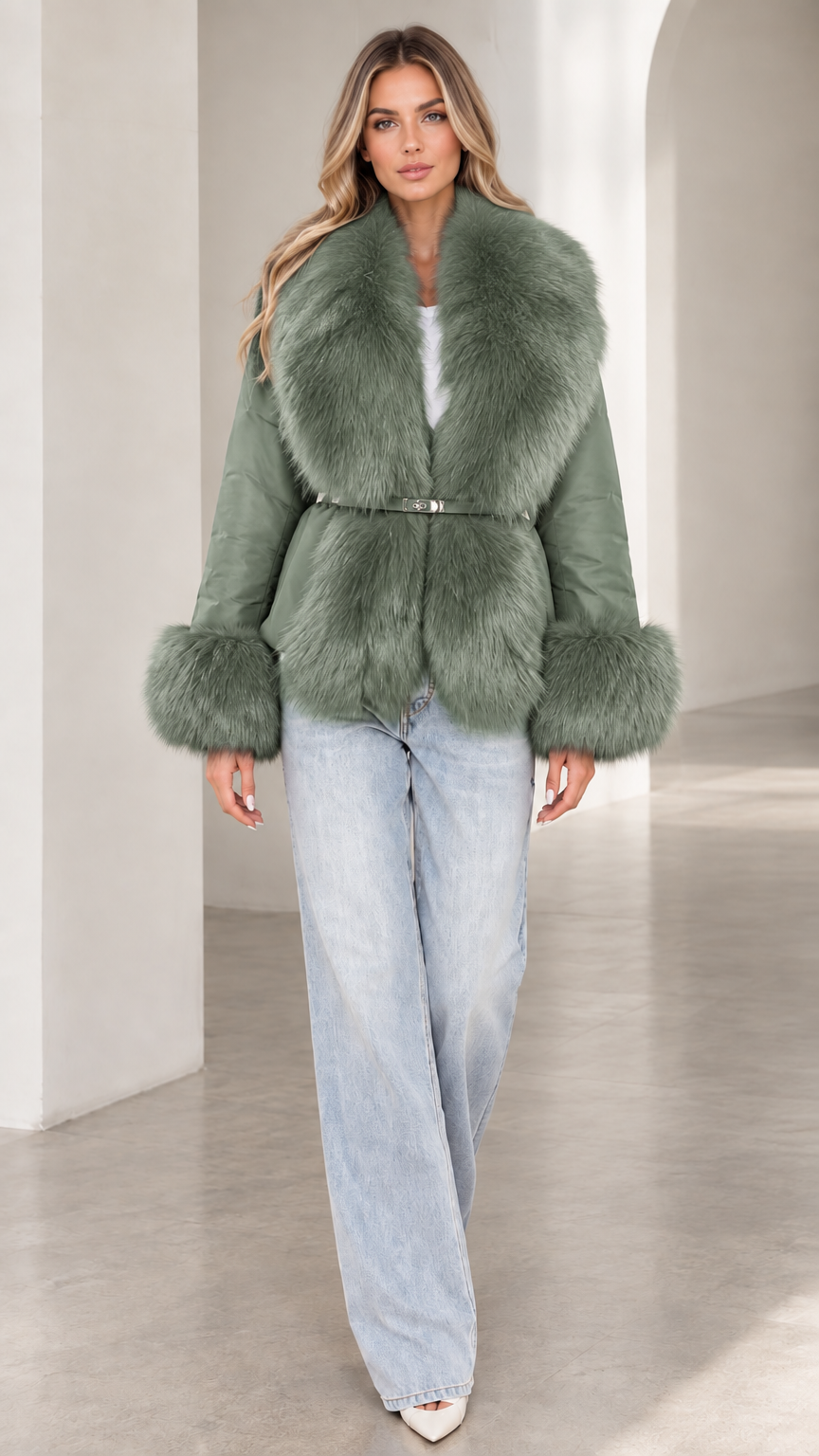 Model wearing sage green belted jacket with tonal plush faux fur collar and cuffs