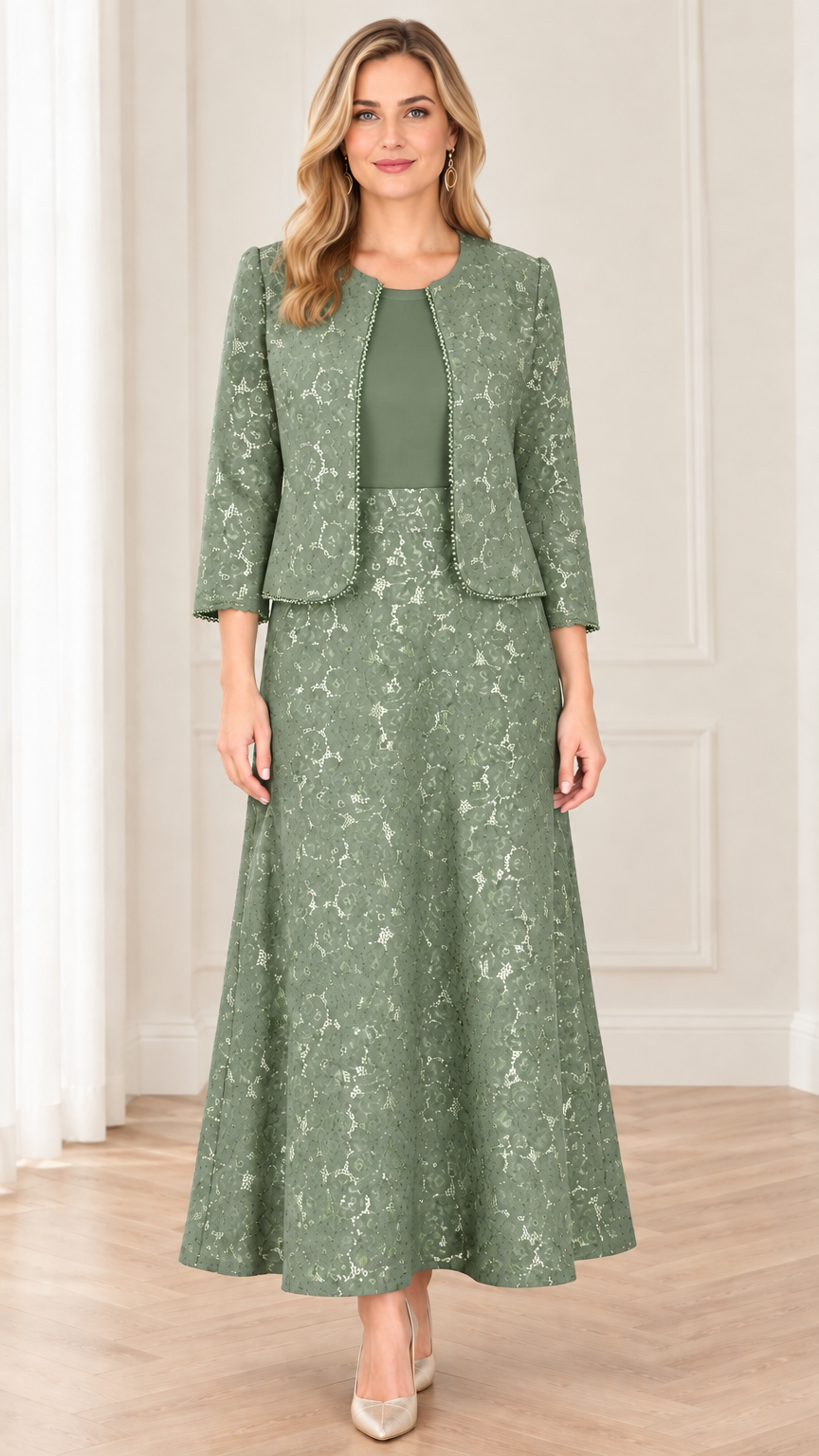 Front view of sage green floral lace two-piece maxi dress with beaded jacket