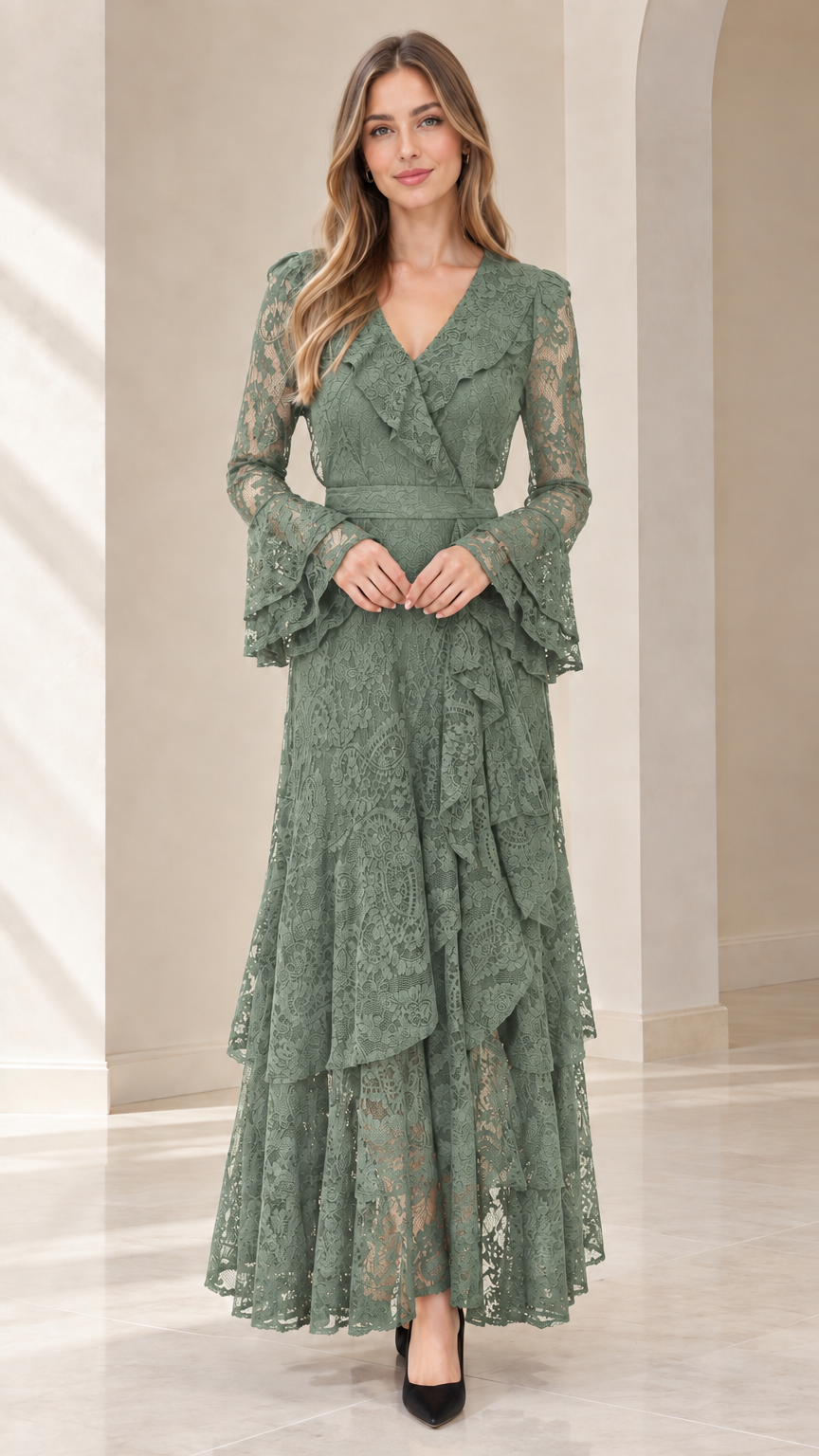 Front full view of woman wearing sage green tiered lace evening gown