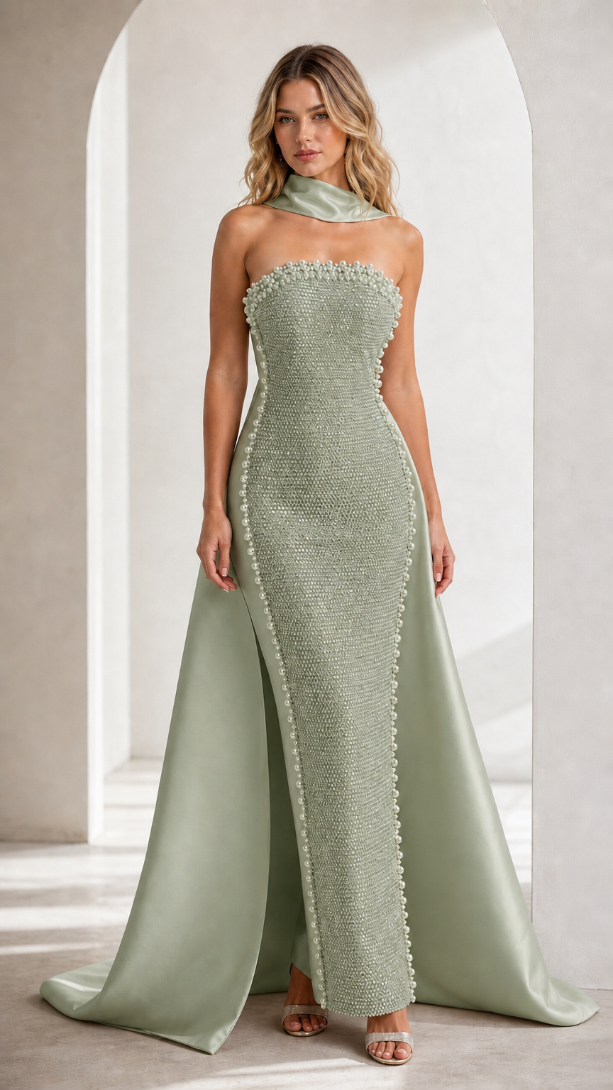 Sage Green pearl-embellished evening maxi dress with satin train