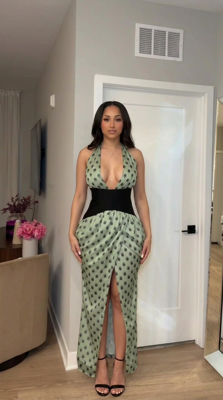 Front view of sage green polka dot halter maxi dress with black corset waist