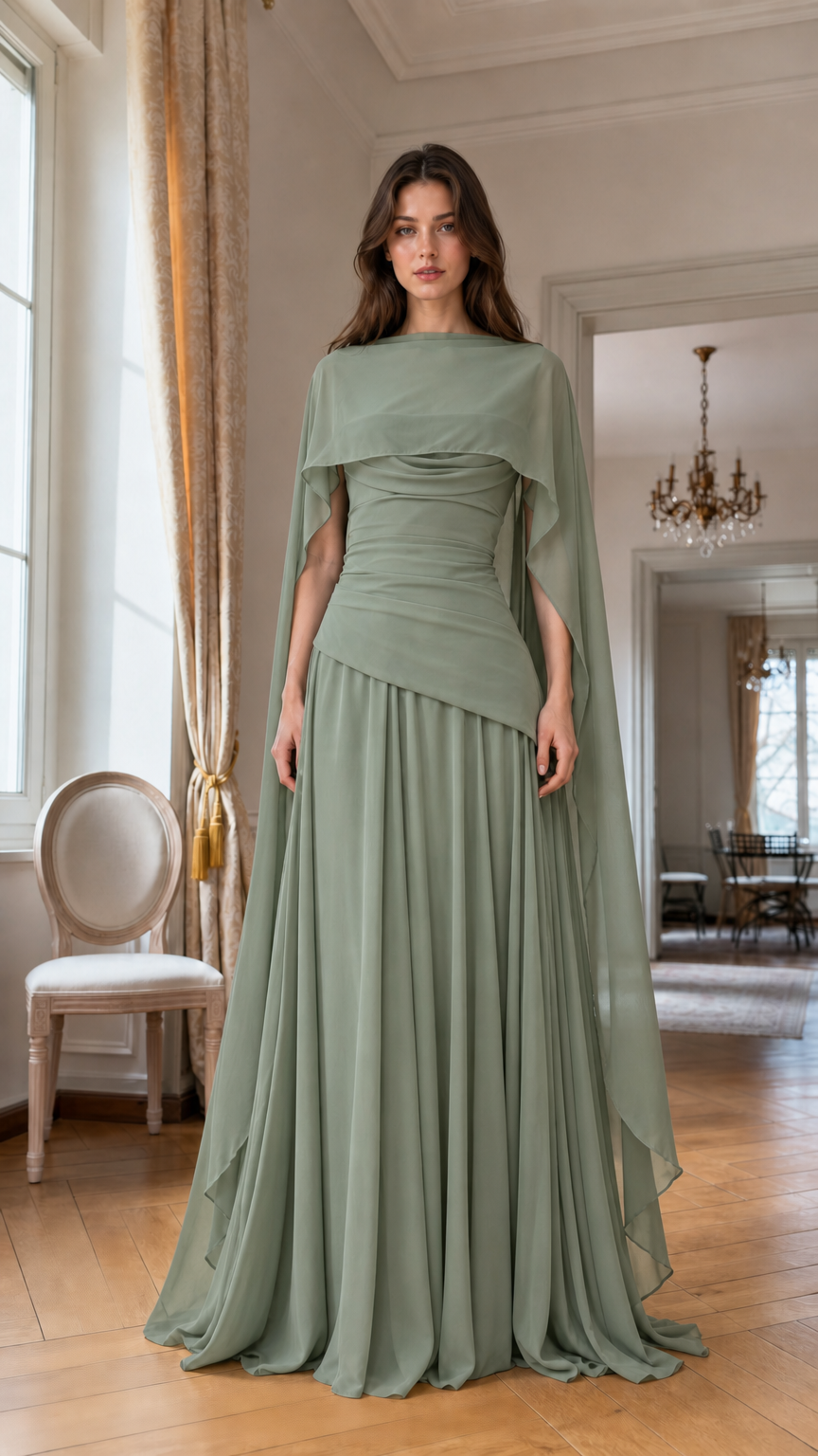 Full front view of Sage Green chiffon evening dress
