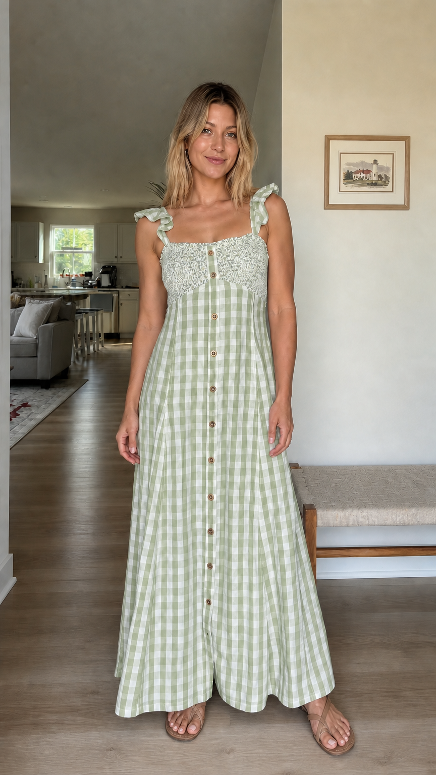 Woman wearing sage green gingham maxi dress
