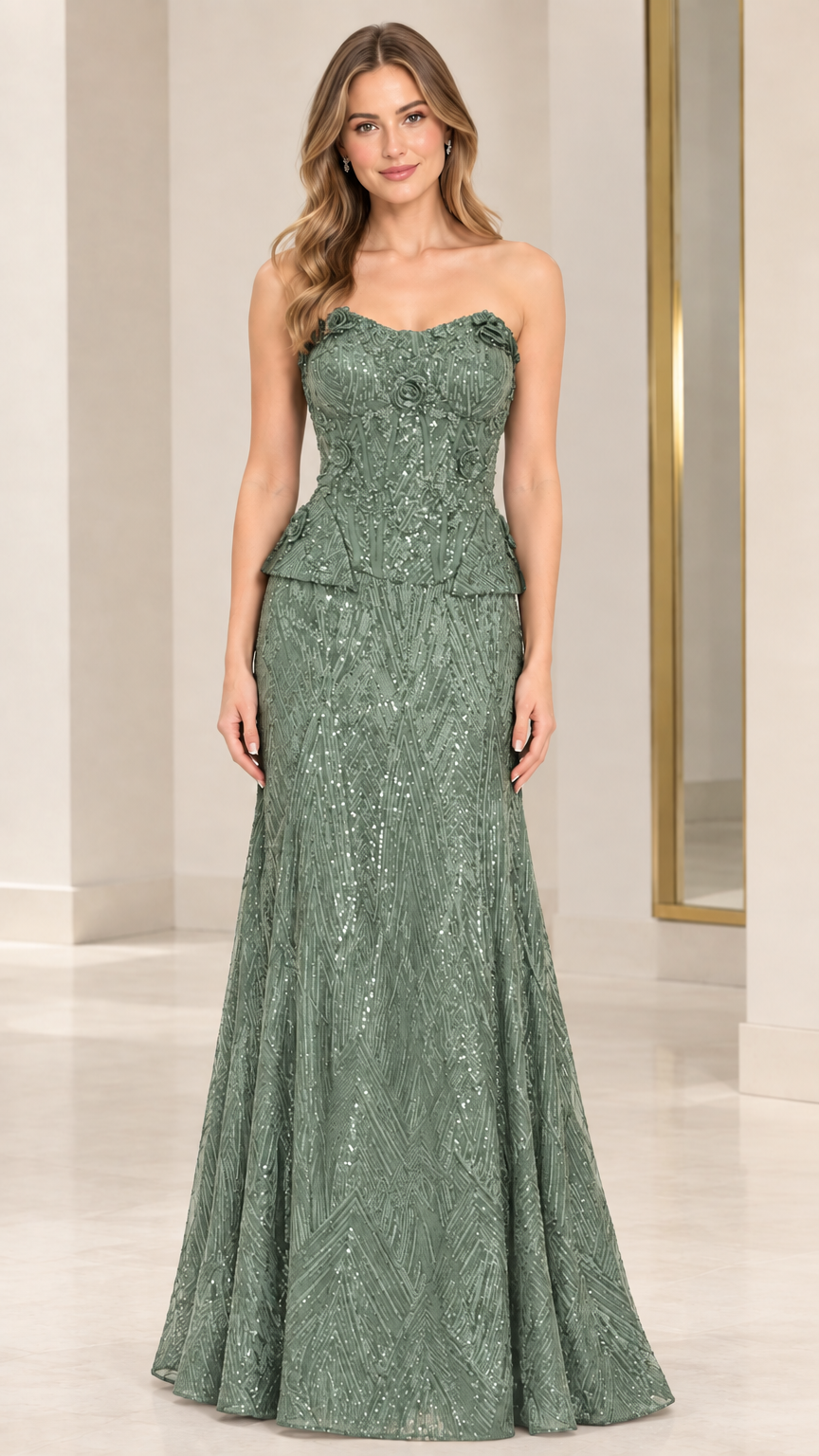 Sage Green strapless floral sequin mermaid evening gown front view