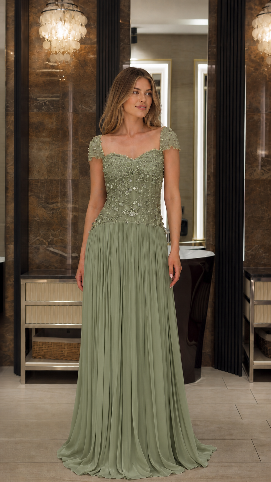 Front view of model wearing the Sage Green beaded cap sleeve pleated formal gown