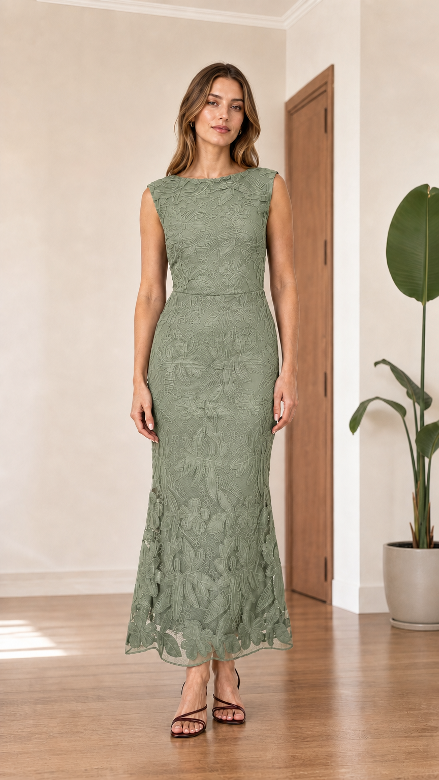 Front view of sage green sleeveless floral lace formal dress