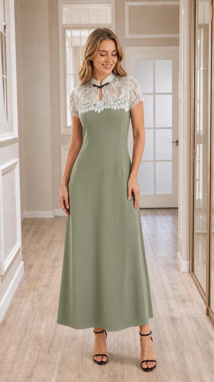 Front view of model wearing sage green lace yoke A-line maxi dress