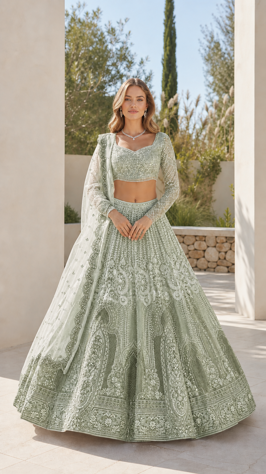 Full front view of sage mint green embroidered lehenga choli set