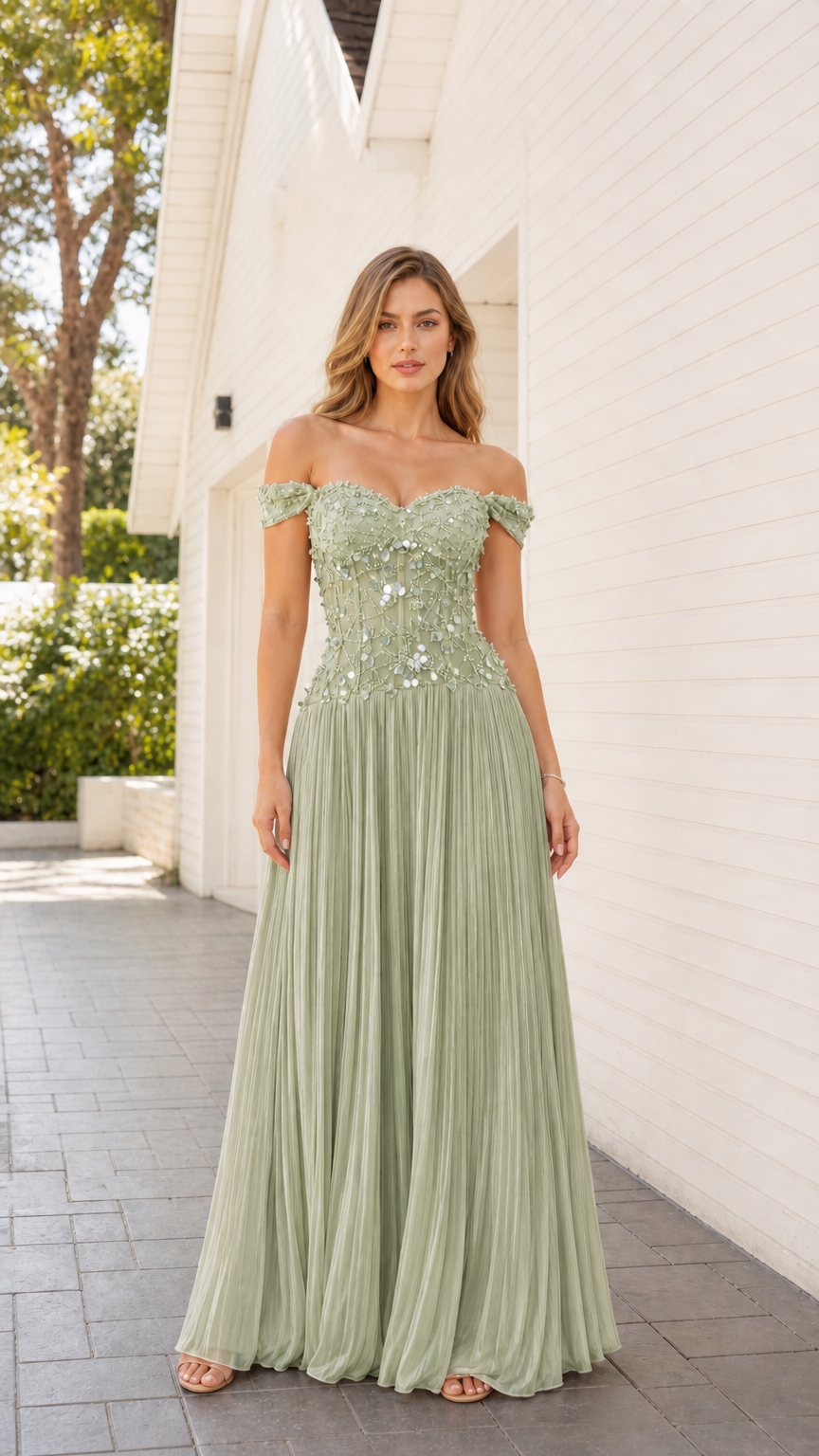 Front view of sage green beaded corset evening dress