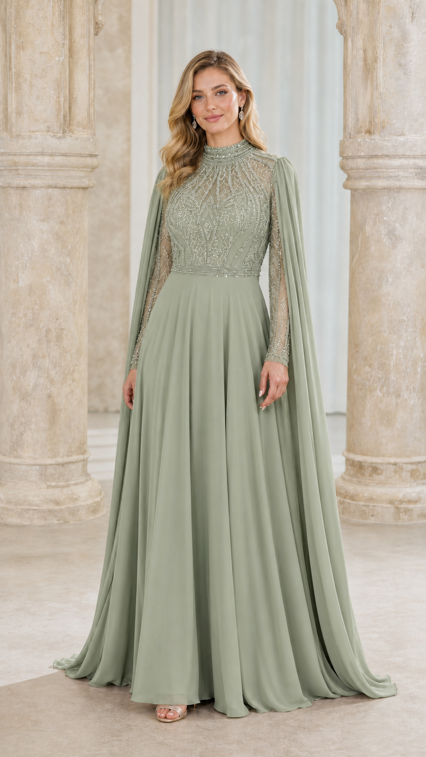 Front view of sage green evening gown with cape