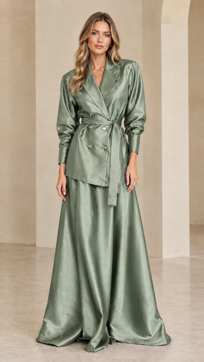 Woman wearing sage green satin blazer and floor-length skirt set