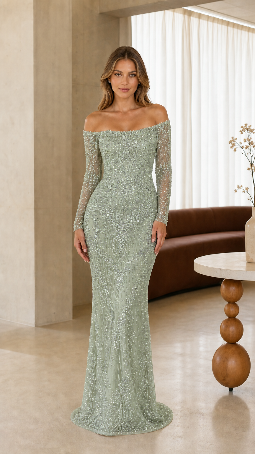 Full-length front view of model wearing sage green off-the-shoulder beaded evening dress