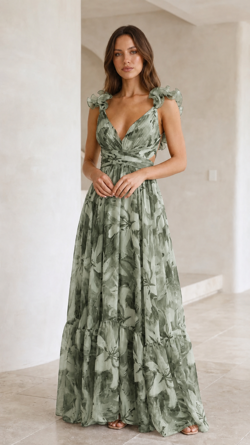 Front view of woman wearing sage green floral print maxi dress
