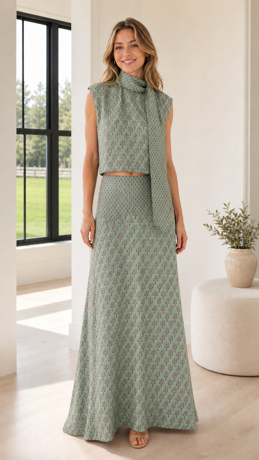 Front view of model wearing sage patterned two-piece set