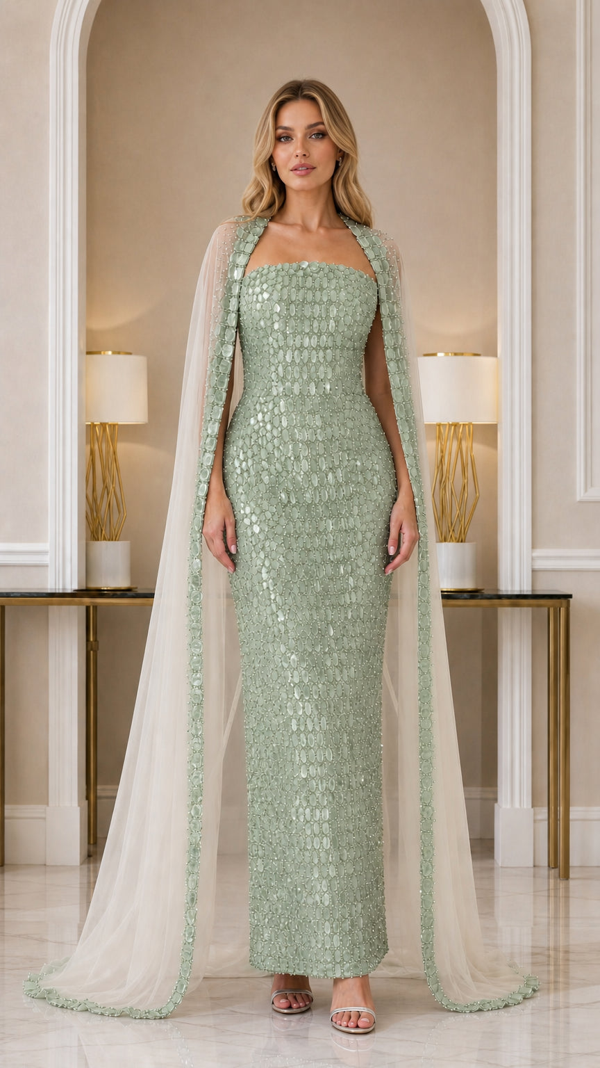 Model wearing Sage Green strapless column gown with beaded trim cape