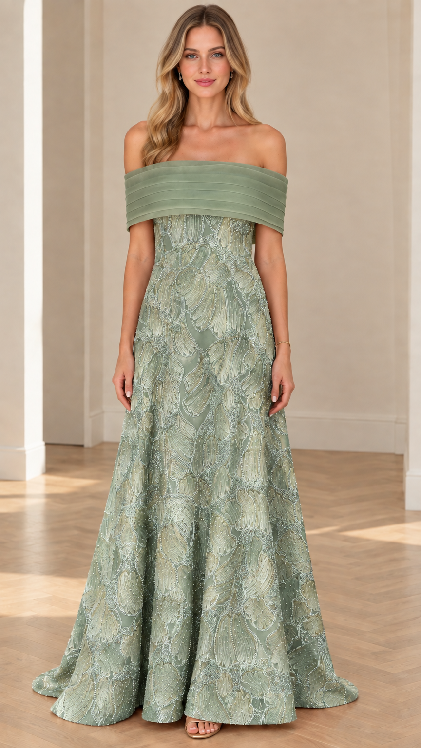 Sage green off-the-shoulder embroidered A-line formal gown front view