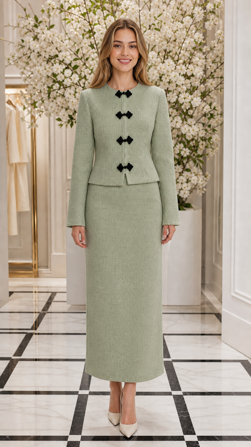Front full view of woman wearing Sage Green textured two-piece skirt set