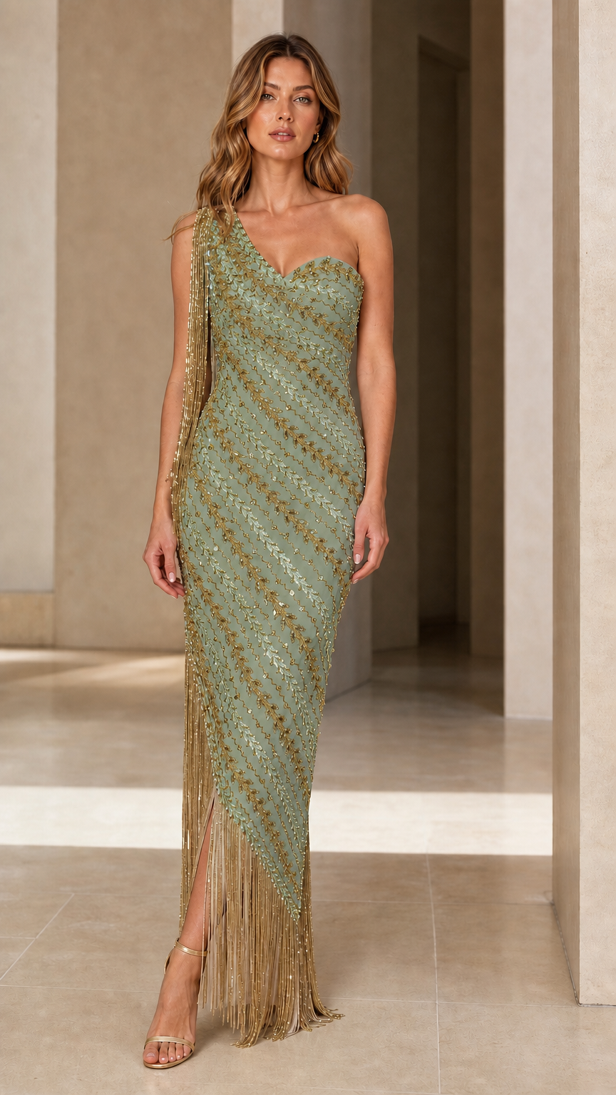 Sage green one-shoulder formal evening dress with sequin beadwork and fringe