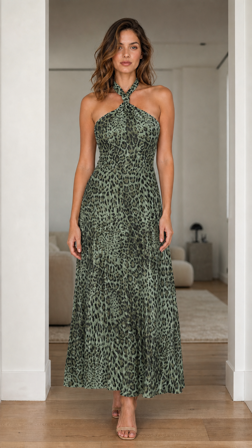 Model wearing sage green variant of the leopard print maxi dress