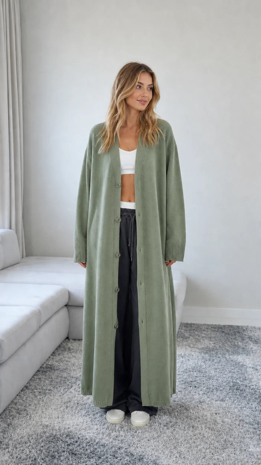 Front view of model wearing a Sage Green floor length maxi duster cardigan
