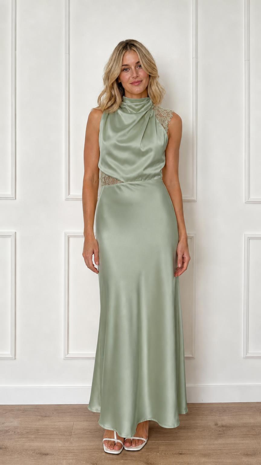 Front view of sage green satin maxi dress