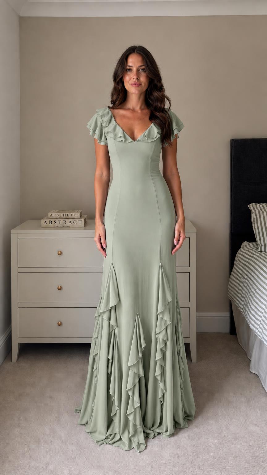 Front view of model wearing Sage Green elegant gown