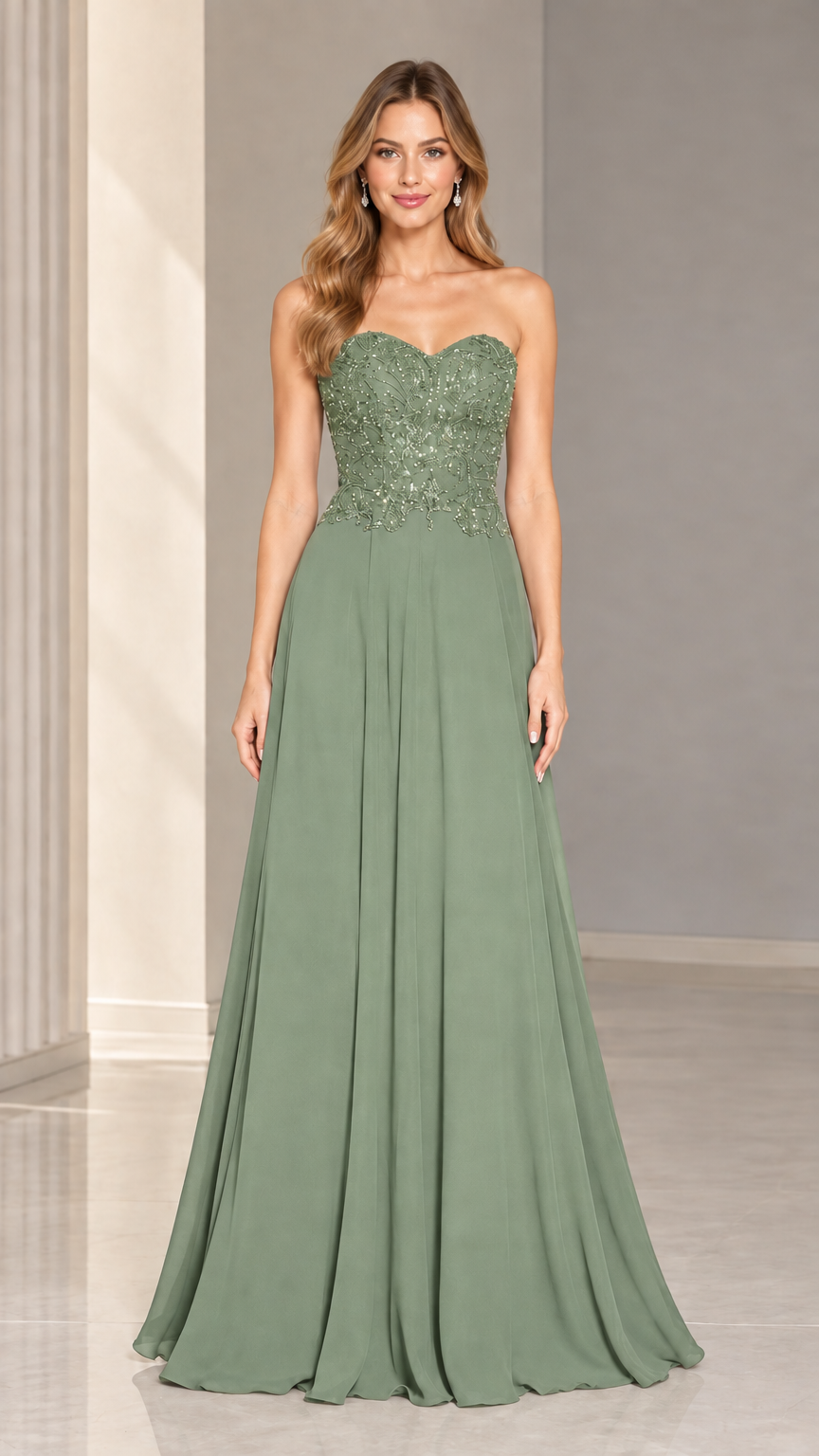 Front view of sage green strapless beaded sweetheart maxi evening gown