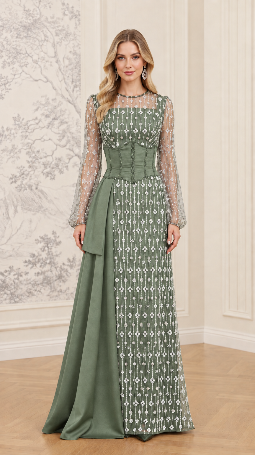 Sage green rhinestone long sleeve evening gown with corset waist and draped skirt