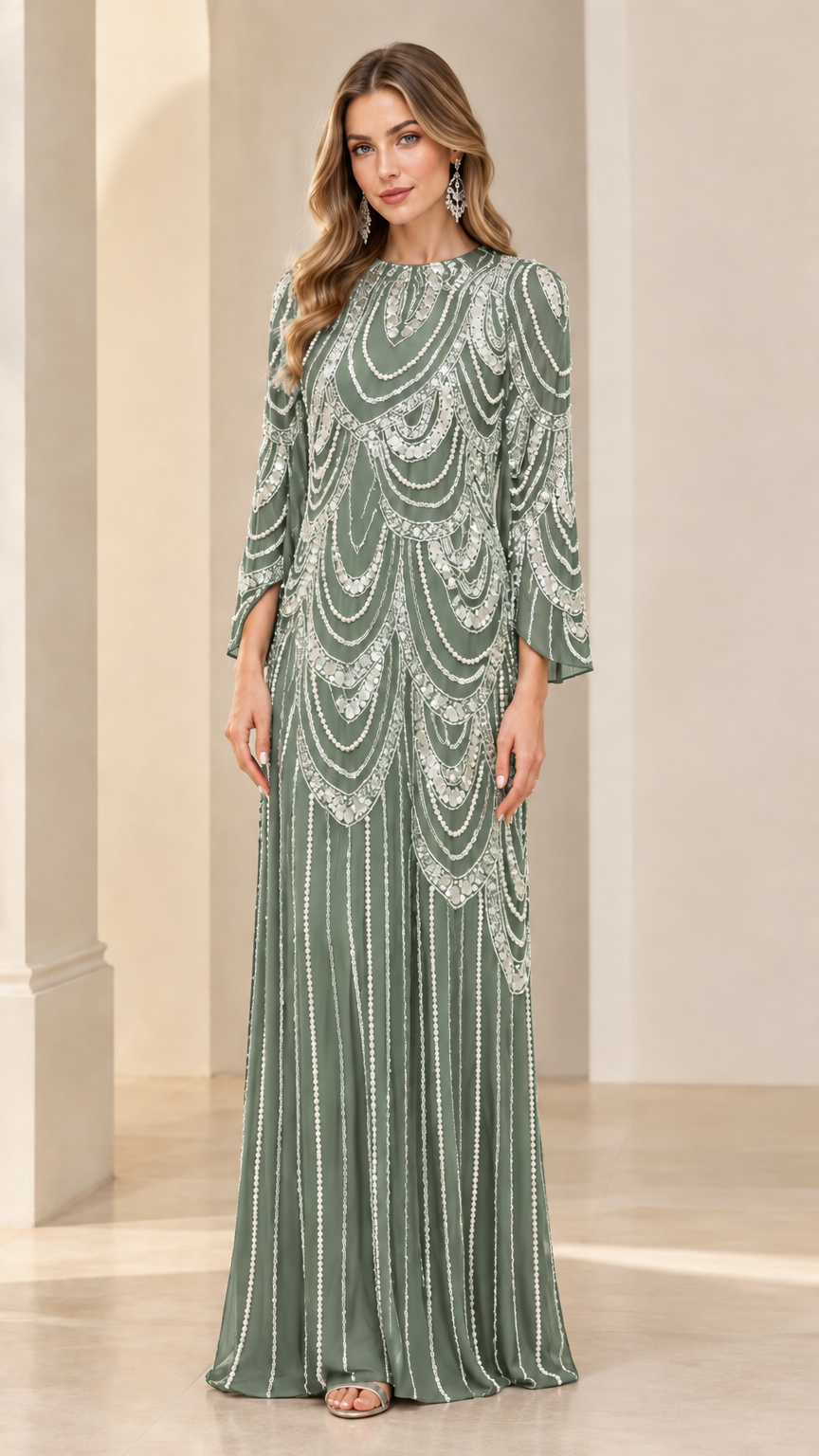 Front full-length view of sage green beaded and sequin formal maxi dress