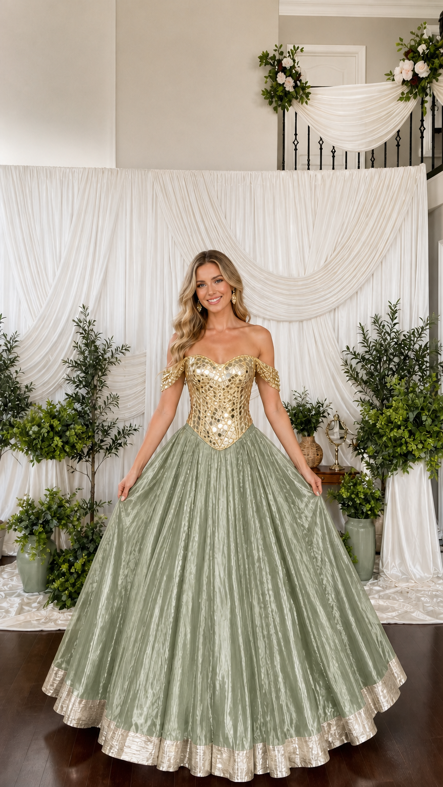 Model wearing sage green pleated ball gown with gold embellished bodice