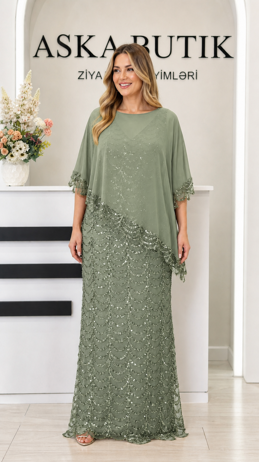 Sage green sequin floor-length evening dress with chiffon overlay