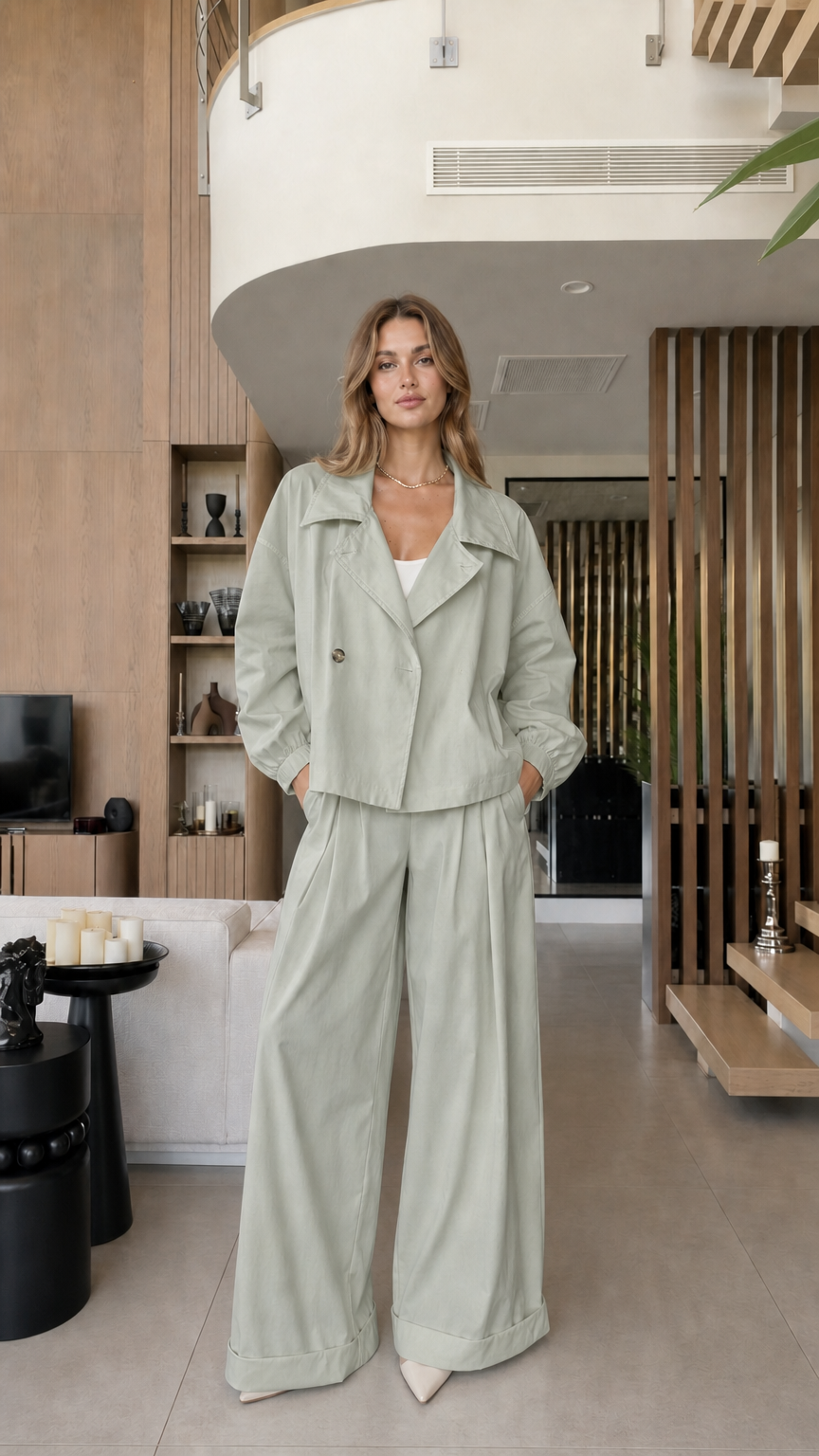 Front view of the sage green cropped blazer and wide-leg pants set