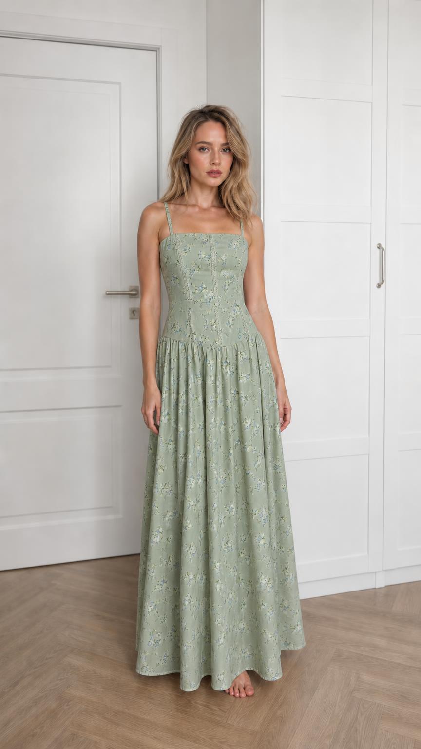 Front view of woman wearing sage green floral maxi dress
